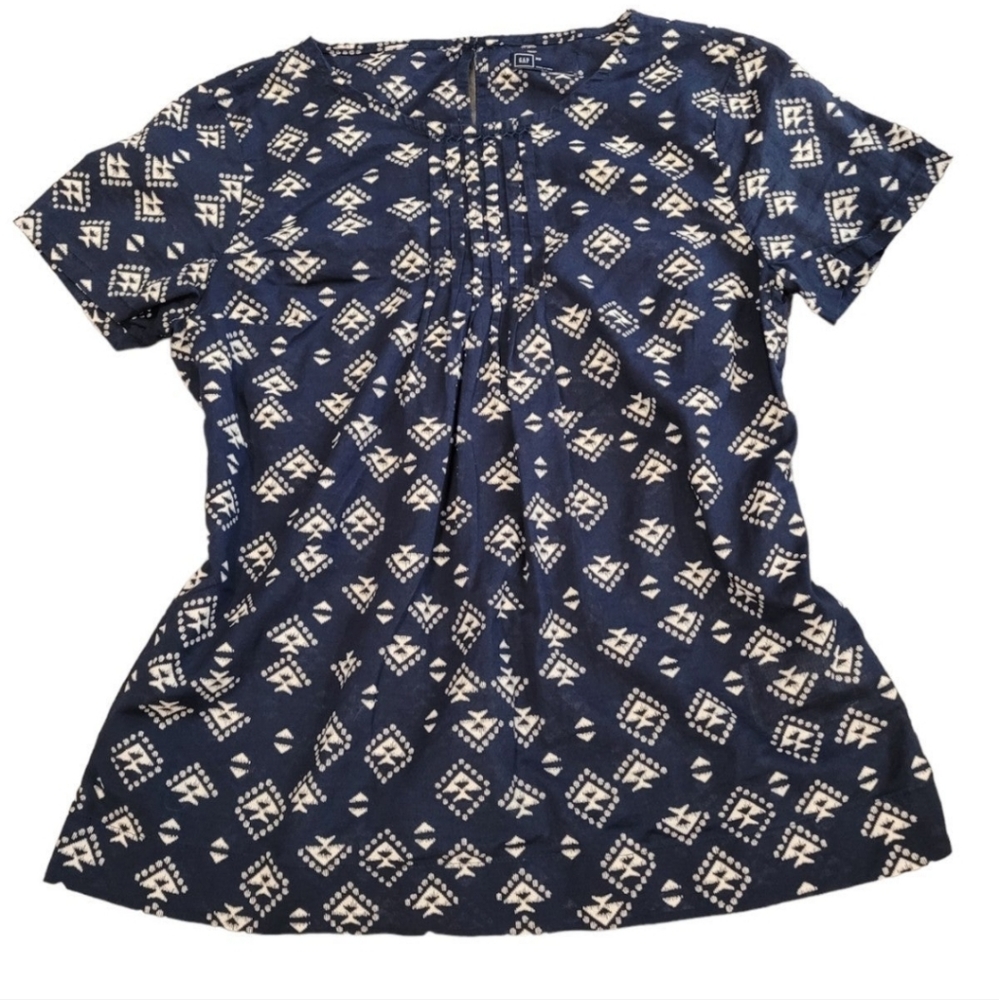 Gap Blouse Shirt 100% Cotton Womens Extra Small XS Tribal Aztec Blue White Tee